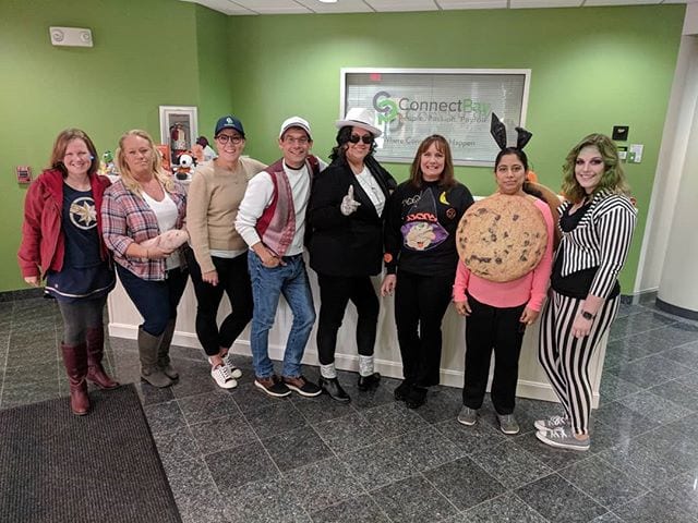 Getting our #Halloween on at ConnectPay Foxboro #MA Lots of #spirit here… #beetlejuice #michaeljackson and #captainmarvel showed up. Watch out for the twin of our CEO! We can’t tell who is who… | ConnectPay
